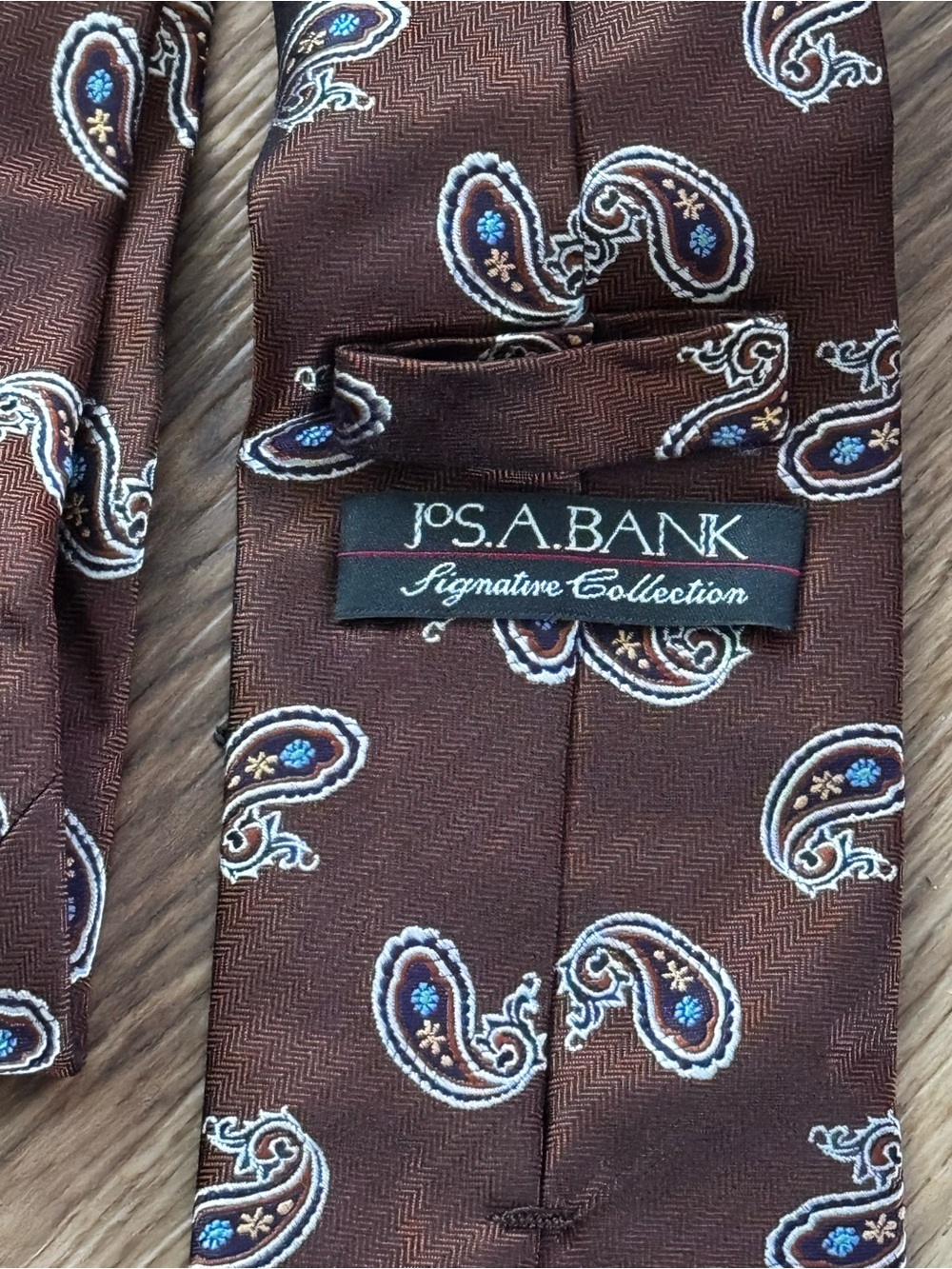 Jos. A. Bank Brown Paisley Silk-Feel Tie with White & Blue Accents - Picture 2 of 3